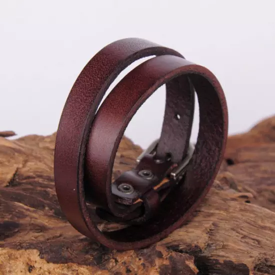 Surfer Plain Cool Double Wrap Men's Punk Leather Bracelet Wristband Cuff Brown