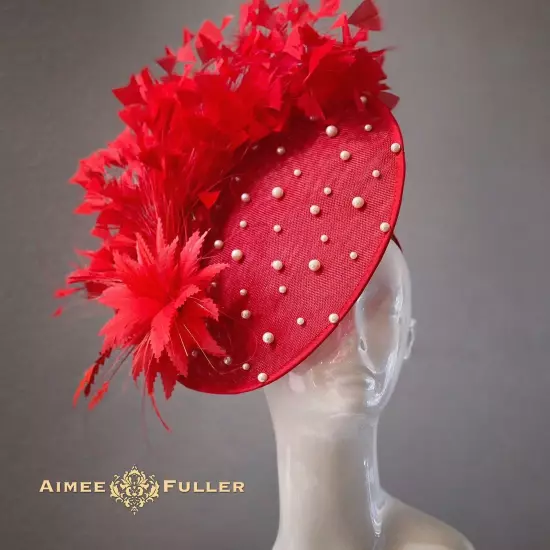 Bridal Hat Faux Pearl Red Cream Holiday Breeders Cup Fascinator Kentucky Derby