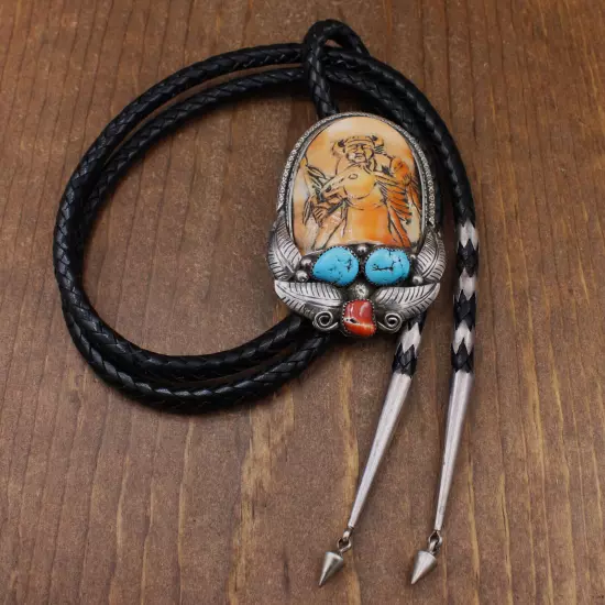 Unusual Carved Orange Shell Horse and Indian Chief Bolo Tie