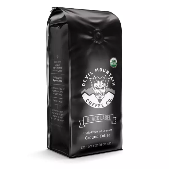 Devil Mountain Coffee Black Label Dark Roast Ground Coffee, Strong High Caffe...