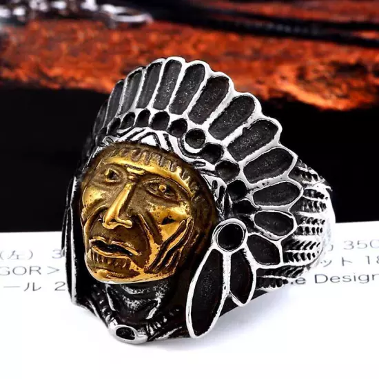 Vintage Gold Plated Indian Tribal Chief Ring Stainless Steel Men Biker Punk Ring