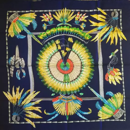 HERMÈS Scarf Carres 90 Navy Yellow Silk Pattern With Feathers Women France