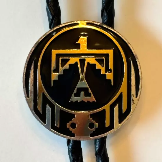 Vtg THUNDERBIRD Bolo Tie Western Necktie Black Leather Cord 1.5" Round Slide