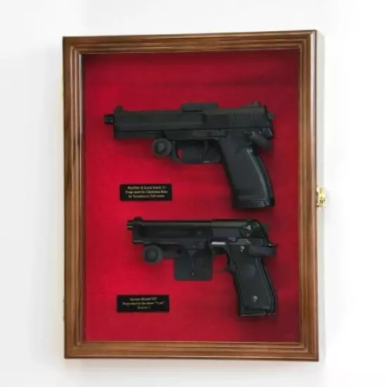 Gun Display Case 2 Guns Walnut Solid Wood Handgun Pistol Revolver Lock USA Frame