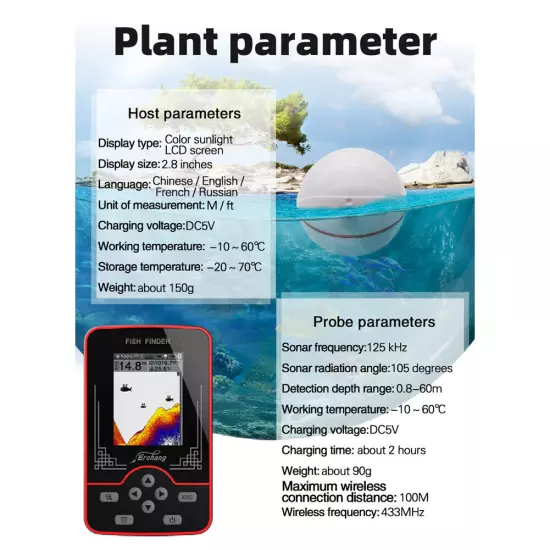 Underwater Wireless Rechargeable Fish Finder Depth Echo Sounder Lake Sea Fishing