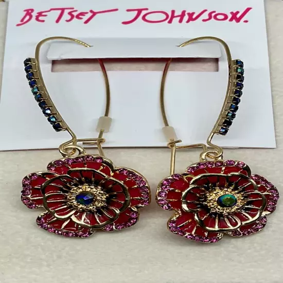 Betsey Johnson Dangle Earrings Red Floral Rose on Embellished Ear Wire NEW