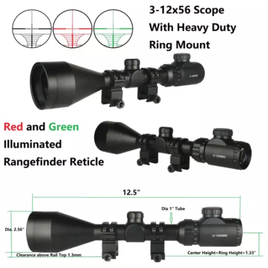 3-12x56 1" Rifle Scope W/Heavy Duty Rings, Dual Illuminated Rangefinder Reticle