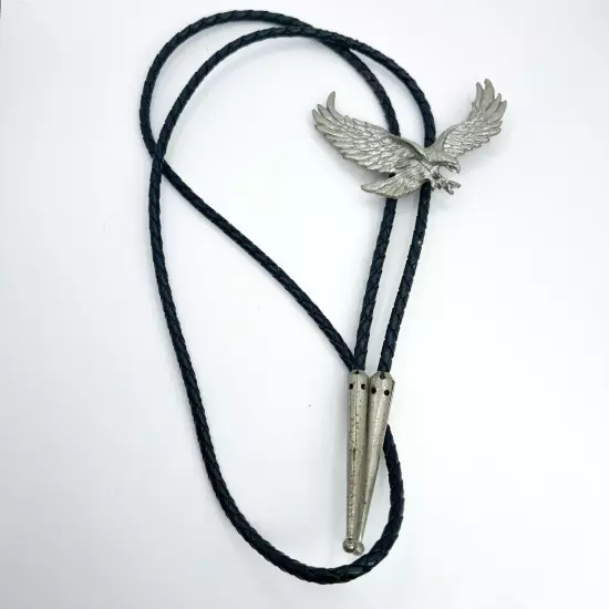 Vintage Bolo Tie American Bald Eagle Silver Tone Braided Slide Western