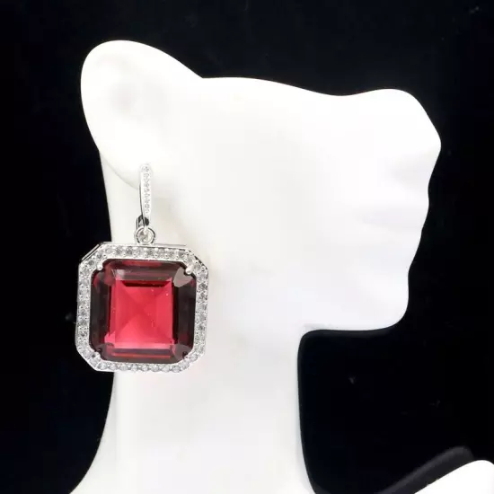 Luxury Square Raspberry Rhodolite Garnet CZ Ladies Party Silver Earrings 