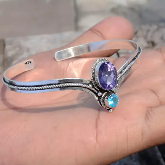 Faceted Amethyst, Blue Topaz Gemstone Bracelet 925 Sterling Silver Cuff Man Gift