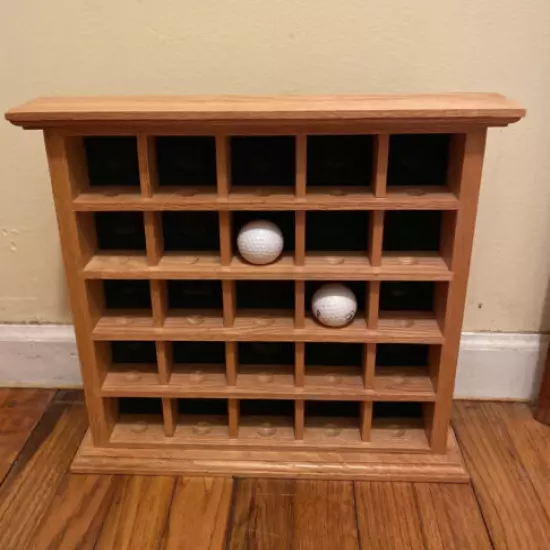 Wood Golf Ball Display Cabinet Grid Style Felted Back Holds 25 Balls Open Front