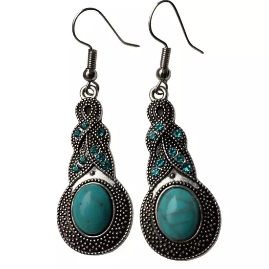 NEW Boho Chic Turquoise & Silver Drop Earrings with Crystals + Gift Pouch Unisex