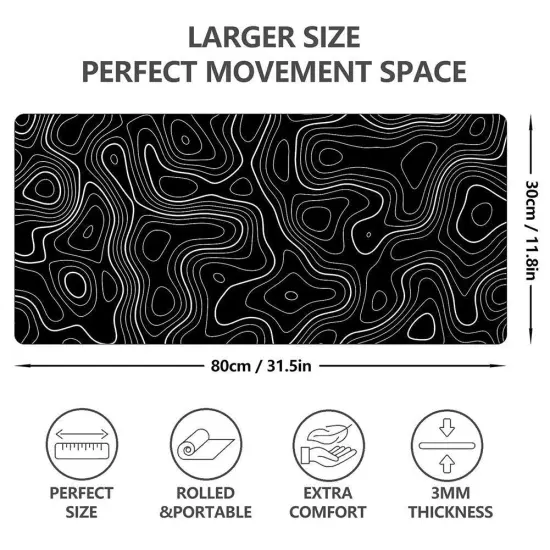 Topographic Mouse Pad Mat Gaming Large Long Extend Black/White Mousepad-Big