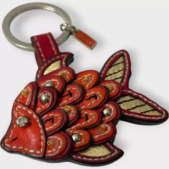 Coach Koi Fish Keychain Red Gold Leather Beaded Keyring Charm Purse Accessory