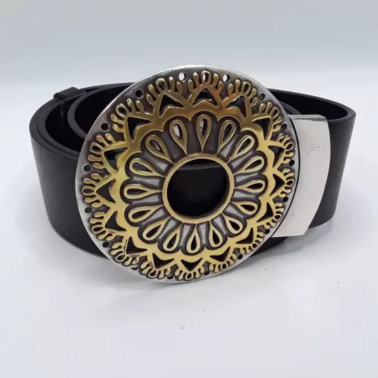 Chicos Womens Black Leather Belt Silver Gold Sun dial Adjustable