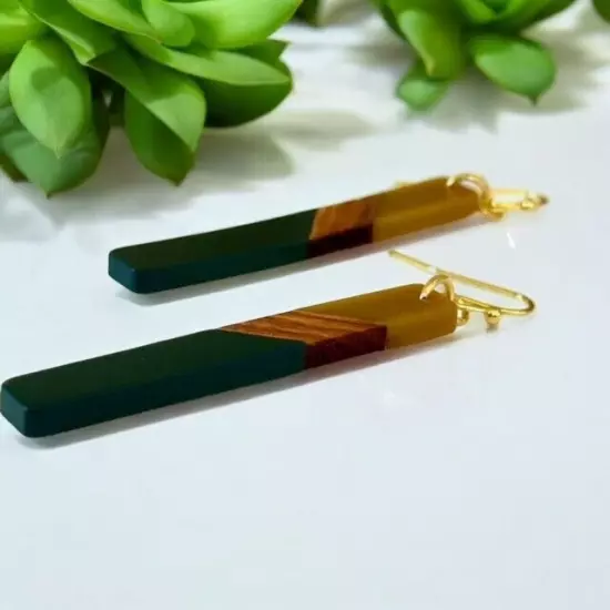 Bohemian Olive Green Resin & Wood Bar Earrings NEW