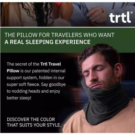 Trtl Long Flight Travel Pillow Comfortable Black Fleece WITH Travel Dust Bag