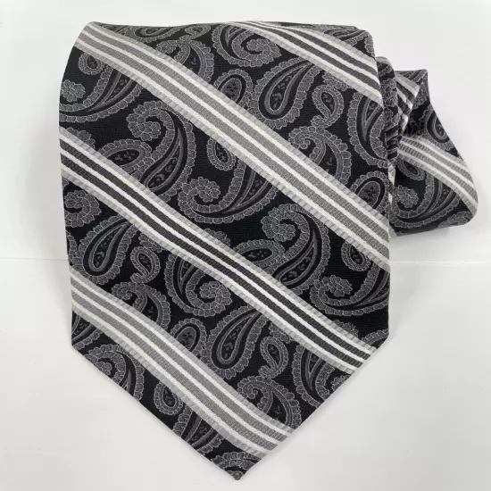 Pronto Uomo Italy Silver Black Paisley & Striped Repp Silk Tie 3.8" x 59"