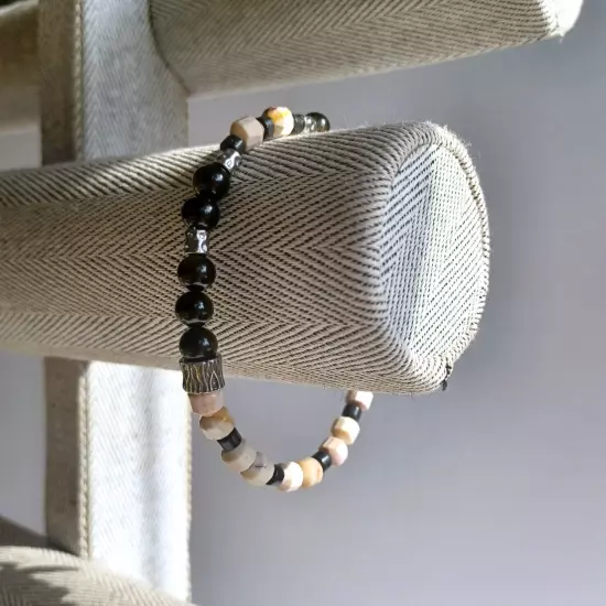 New men's natural mookaite stone with mixed gemstone stainless steel bracelet