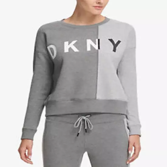 DKNY Sport Colorblock Fleece Top; Grey/White (Large)