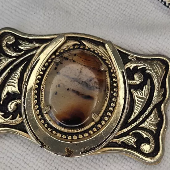 Vintage Western Agate Stone Belt Buckle Horse Bolo Tie Brass Cowboy