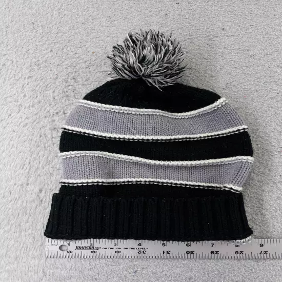 Beanie Toque Adult One Size Gray Black Knit Striped 100% Acrylic Snow Ski Pom