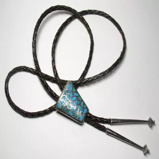 NAVAJO STERLING SILVER & TURQUOISE BOLO TIE SIGNED "BENNETT, C31"