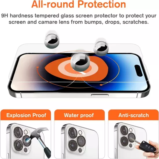 For iPhone 16 15 14 13 12 11 Pro Max Tempered Glass Screen + Camera Protector