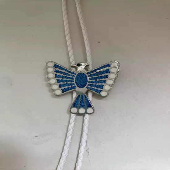 Vtg Southwestern Bolo Tie Turquoise Silver Thunder Bird White Leather