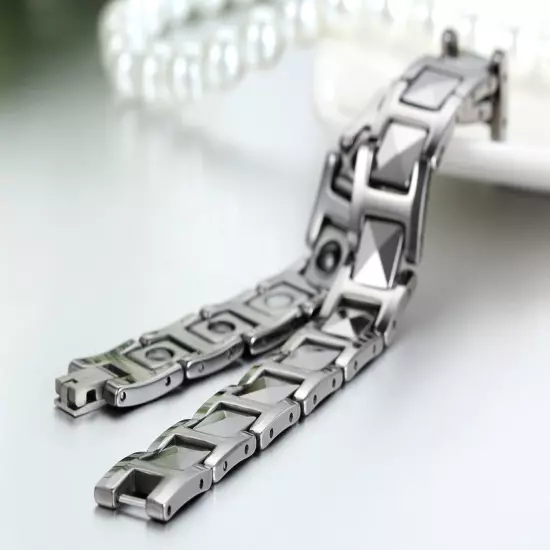 Men's Silver Tungsten Carbide Link High Power Therapy Magnetic Bracelet Chain