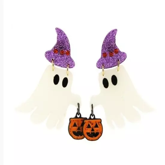 HALLOWEEN CUTE GHOST TRICK OR TREATING WHITE DANGLE ACRYLIC PIERCED EARRINGS