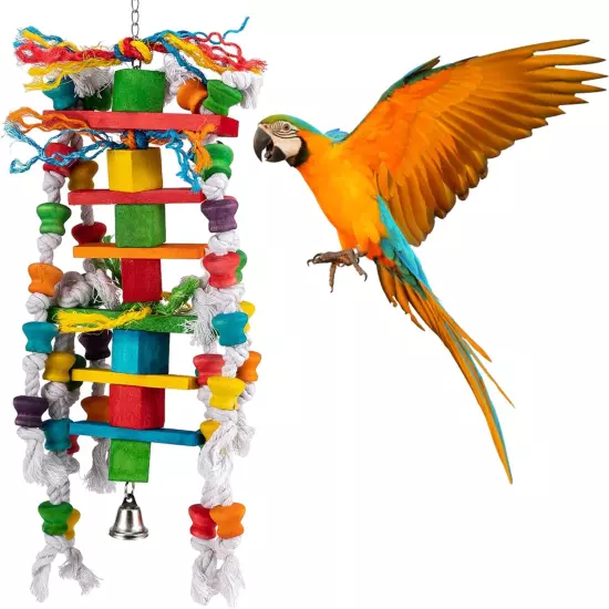 Large Bird Toys - Natural Wooden Parrot Chewing Toys with Edible Colored Blocks 