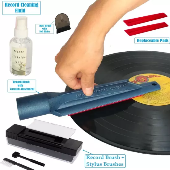 Record Cleaning Kit - Vinyl brush,Cleaning Fluid,Vacuum wand - Replaceable Pads