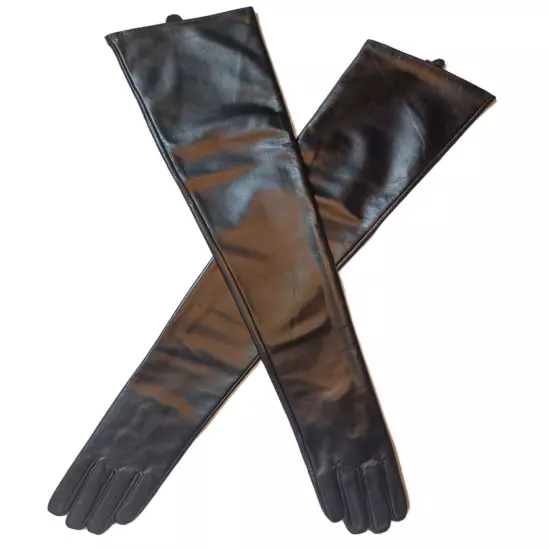 Women super Long Real Sheep Leather Shoulder length Gloves Black