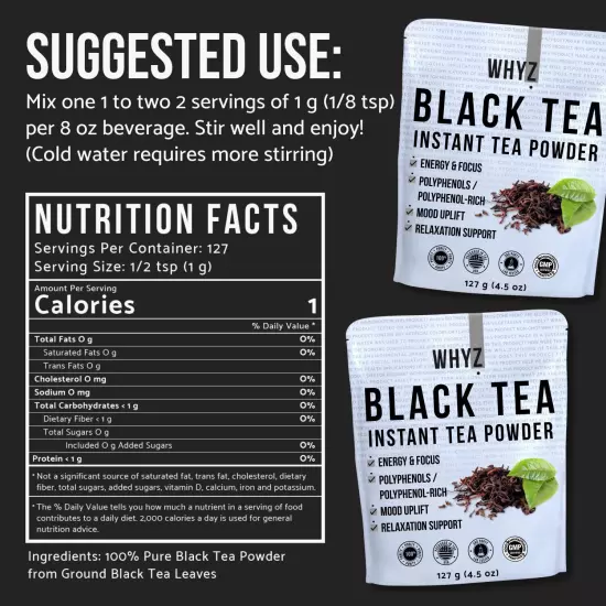 WHYZ Strong Black Tea Powder 4.5 oz, Zero Sugar Black Tea, Boost Energy & Health