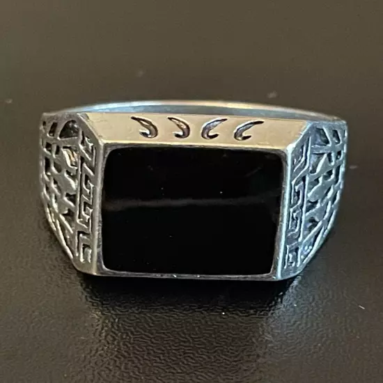 Natural Black Obsidian Stone S925 Silver Plated Men Statement Ring Size 11.5