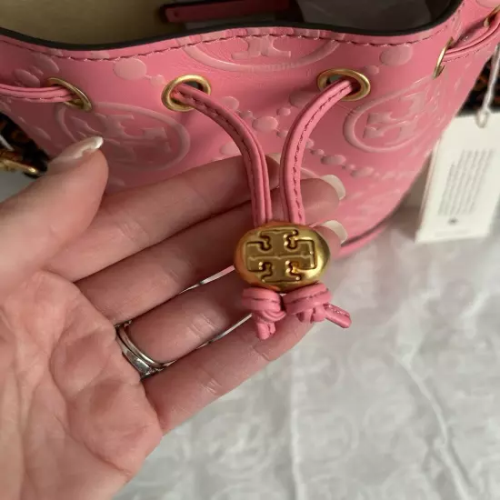 Tory Burch T Monogram Contrast Embossed Mini Bucket Bag Crossbody Bag Rose Pink