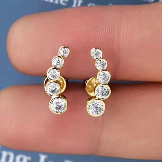 1.5 Ct Diamond Solid 14K Yellow Gold Earcuff Crawler Stud Dainty Jewellery