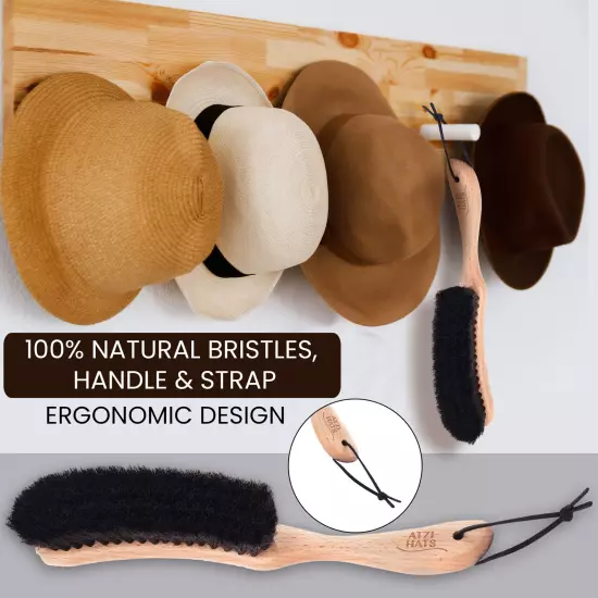 100% Horsehair Deluxe Hat & Lint Brush - Natural Beechwood Handle, Leather Strap