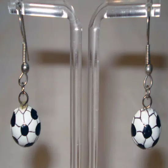 Silver Tone Black White Resin Soccer Ball Jewelry Hanging Pierced Earrings Set