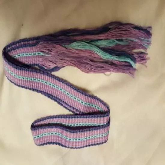 Item201912015 Powder horn strap belt purples and teals cotton 39.5" long x1 1/8"