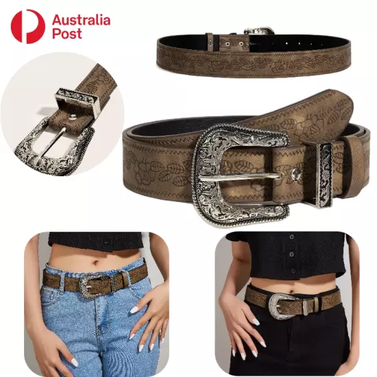 Belt Western Cowgirl Brown Adjustable Silver Buckle Waist Women Dress 103CM AU