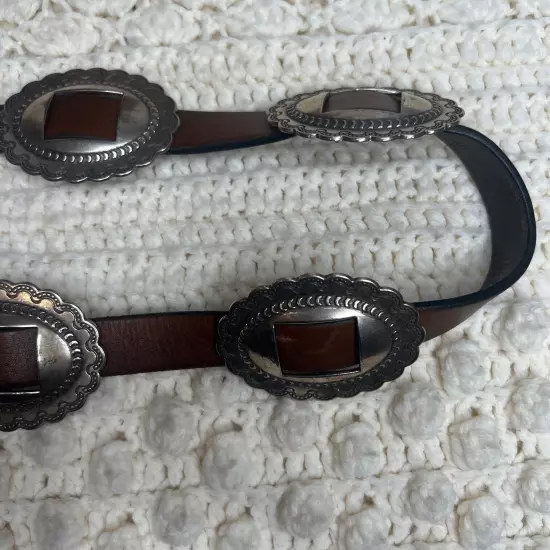 RALPH LAUREN Women's Large Western Concho Silver Medallion Brown Leather Belt