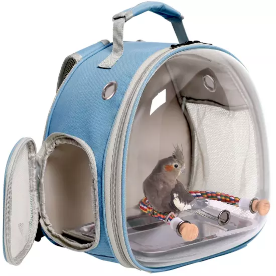 Portable Bird Travel Carrier Backpack + Rope Perch Transparent Double Shoulder