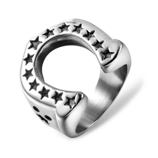 Vintage Horseshoe Amulet Ring Stainless Steel Men's Boy's Lucky Star Biker Ring