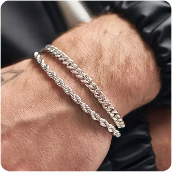 2 Pcs 925 Sterling Silver Chain Bracelet Set, Figaro & Cuban Link, 7-9 Inch,Men