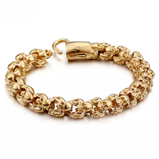 Punk Gothic 316L Stainless Steel 18K Gold Tone Skull Link Chain Bracelet Bangle