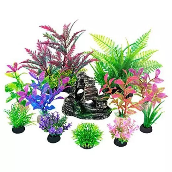  Fish Tank Decorations Aquarium Artificial Plastic Plants & Cave Rock Decor 