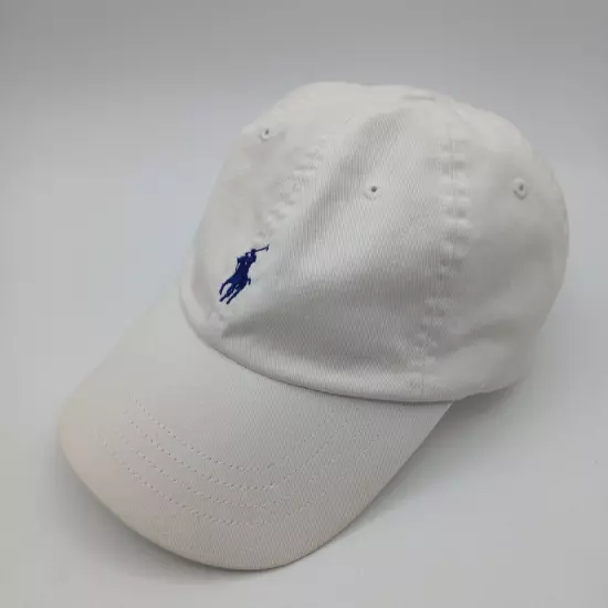 Polo Ralph Lauren Hat Cap Strap Back Solid White with Blue Pony Logo and Script