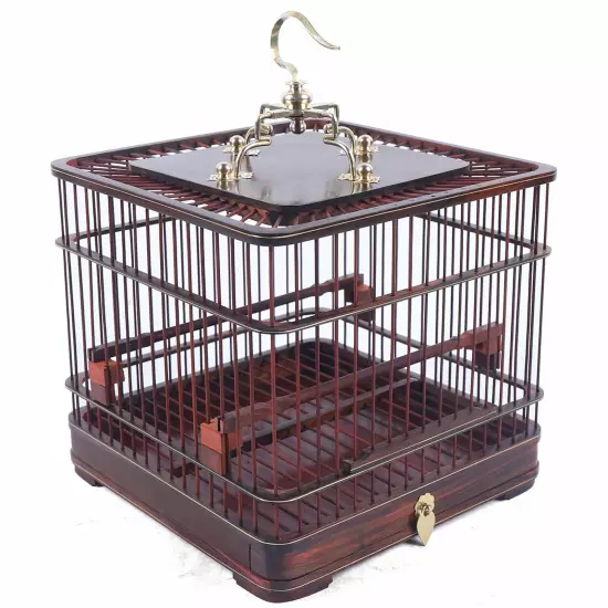 Asian Bird Cage Square Solid Wood Carved Chinese Bamboo Pet Nest Home W/ Drawer